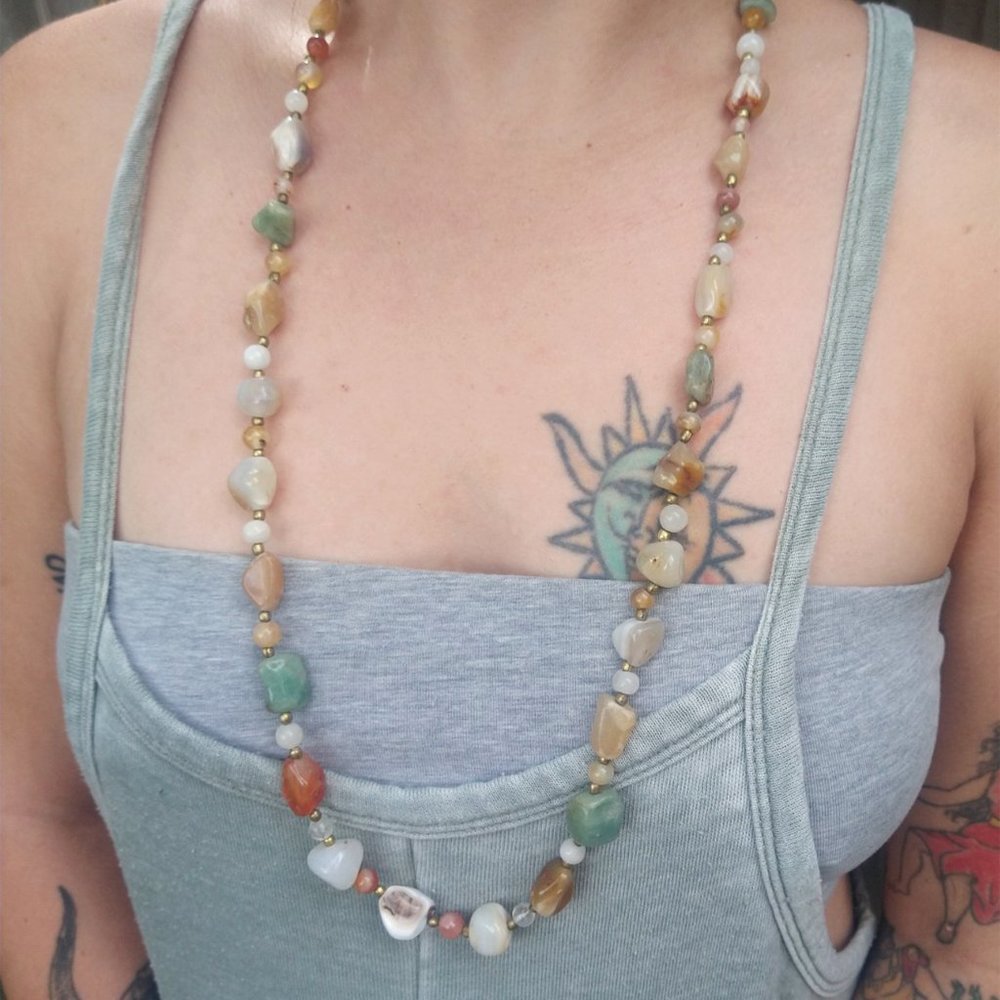 Agate + Quartz Crystal Gemstone Beads Necklace with Brass